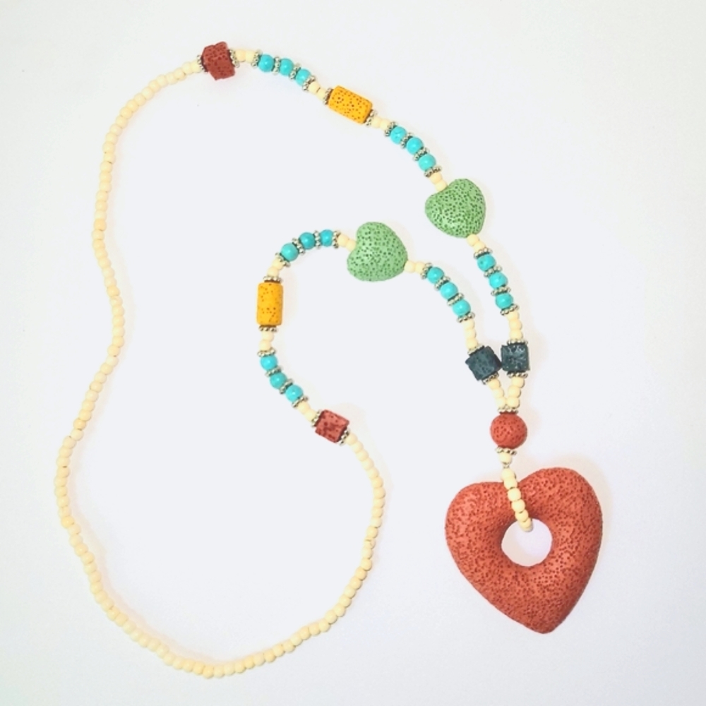 Lava/Howlite, Boho Heart,Statement Necklace w/Red Pendant & Silvertone Accent